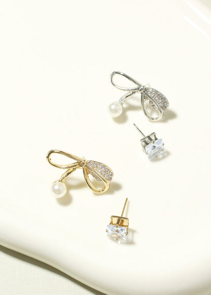 Rhinestone and Bow with Pearl Earrings