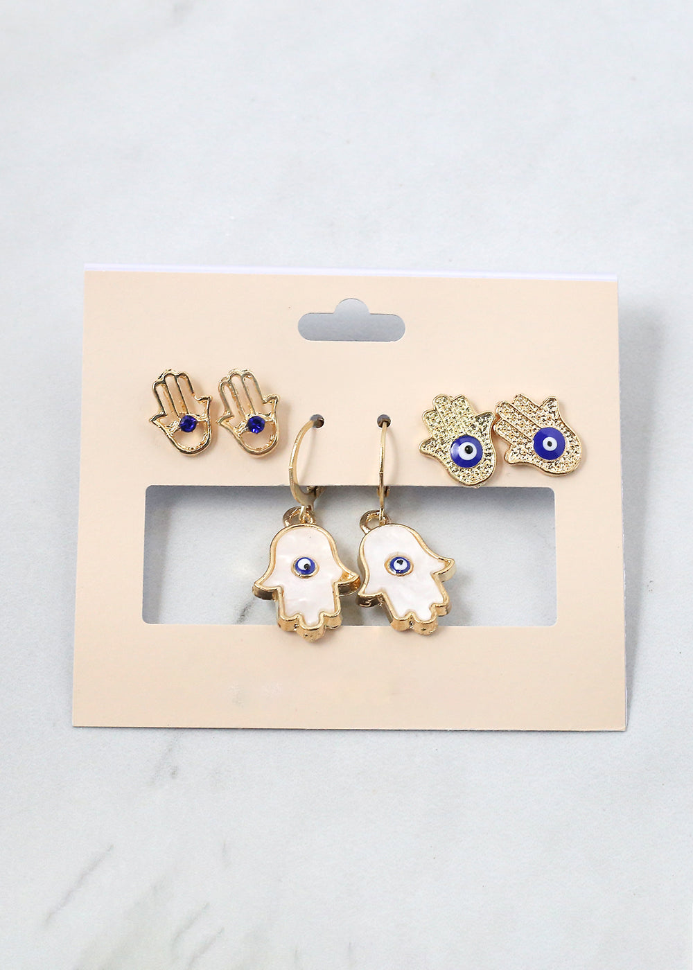 3 Pair Hamsa Hand + Evil Eye Earrings