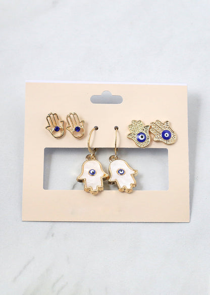 3 Pair Hamsa Hand + Evil Eye Earrings