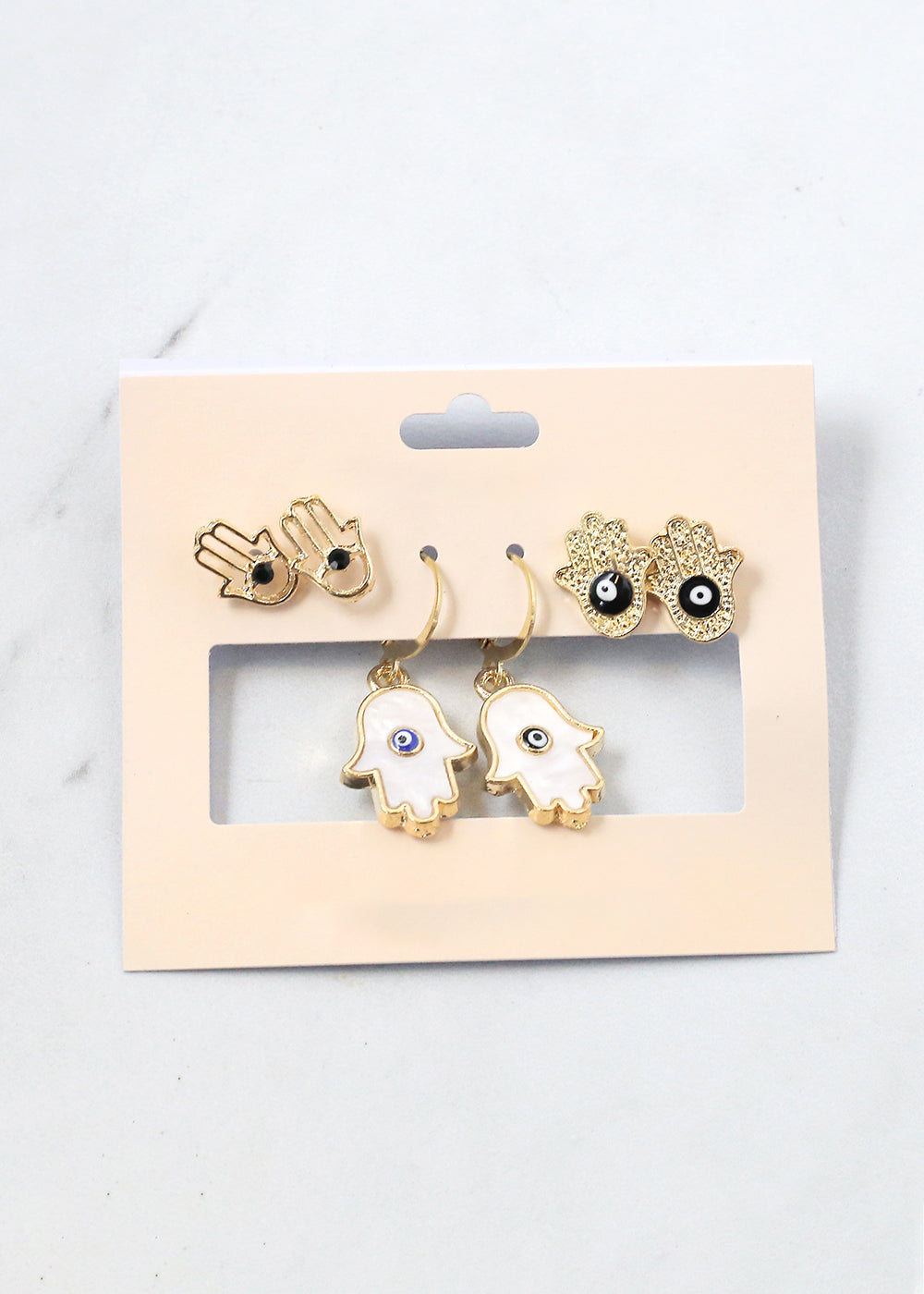 3 Pair Hamsa Hand + Evil Eye Earrings