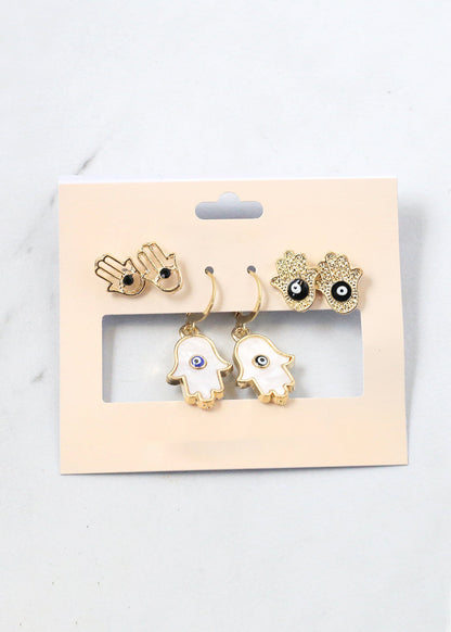 3 Pair Hamsa Hand + Evil Eye Earrings