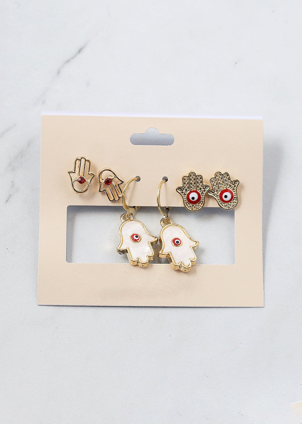 3 Pair Hamsa Hand + Evil Eye Earrings