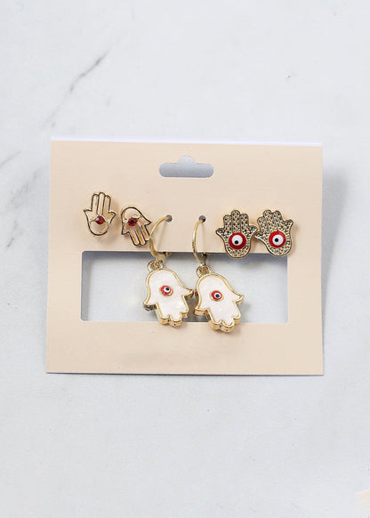 3 Pair Hamsa Hand + Evil Eye Earrings