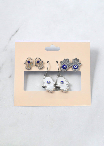 3 Pair Hamsa Hand + Evil Eye Earrings