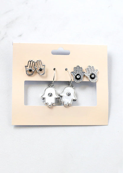 3 Pair Hamsa Hand + Evil Eye Earrings