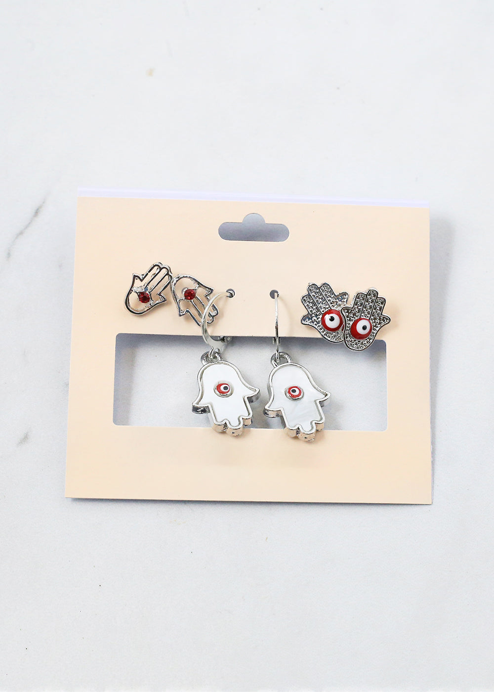 3 Pair Hamsa Hand + Evil Eye Earrings