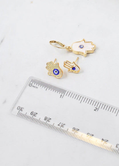 3 Pair Hamsa Hand + Evil Eye Earrings