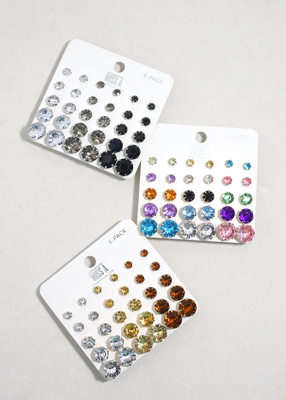 Multi-Color Rhinestone Stud Earring Pack - Gold