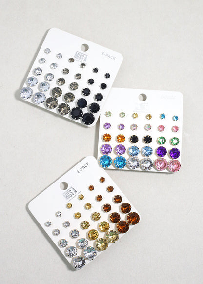 Multi-Color Rhinestone Stud Earring Pack - Gold