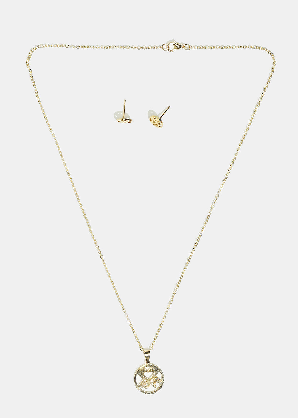 Heart & "LOVE" in Circle Necklace with Stud Earrings