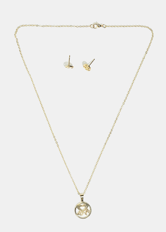 Heart & "LOVE" in Circle Necklace with Stud Earrings