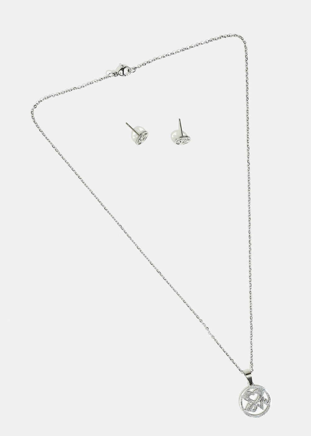 Heart & "LOVE" in Circle Necklace with Stud Earrings