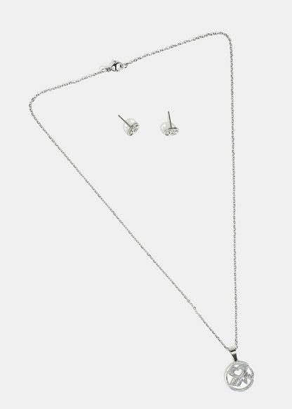 Heart & "LOVE" in Circle Necklace with Stud Earrings