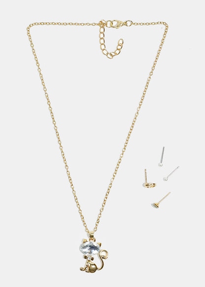 Sparkly Cat Necklace and Earring Set