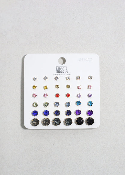 Multi-Color Rhinestone Stud Earring Pack - Gold