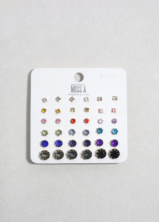 Multi-Color Rhinestone Stud Earring Pack - Gold