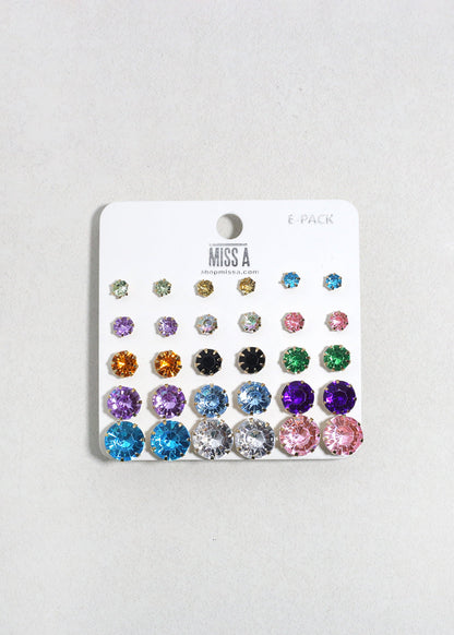 Multi-Color Rhinestone Stud Earring Pack - Gold