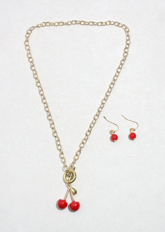 Cherry Charm Necklace & Earring Set