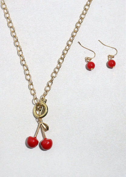 Cherry Charm Necklace & Earring Set