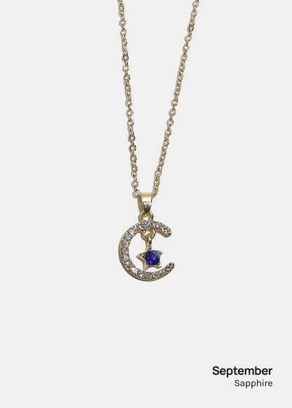 Miss A Birthstone Necklace - Moon + Star