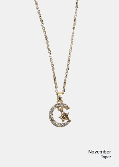 Miss A Birthstone Necklace - Moon + Star