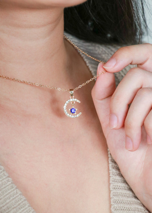 Miss A Birthstone Necklace - Moon + Star