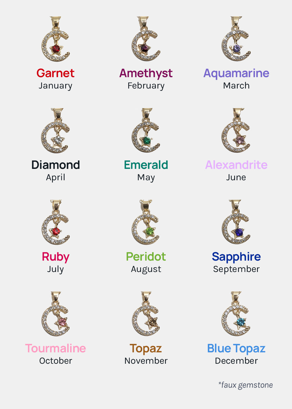 Miss A Birthstone Necklace - Moon + Star