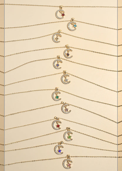 Miss A Birthstone Necklace - Moon + Star