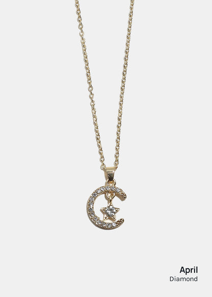 Miss A Birthstone Necklace - Moon + Star