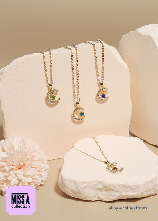 Miss A Birthstone Necklace - Moon + Star
